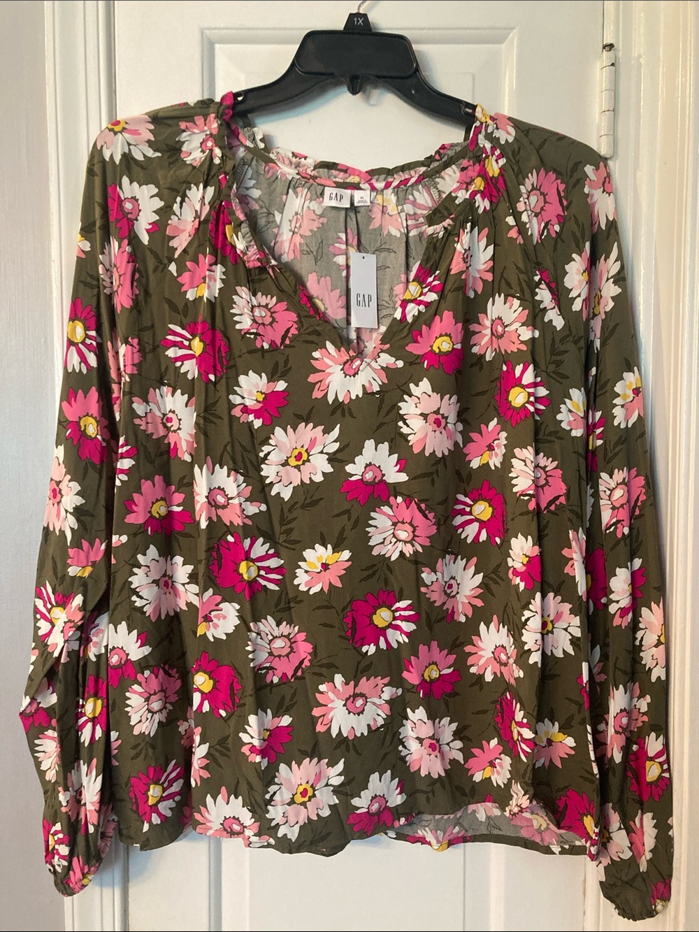 GAP Olive Blouse with Pink & White Floral Print